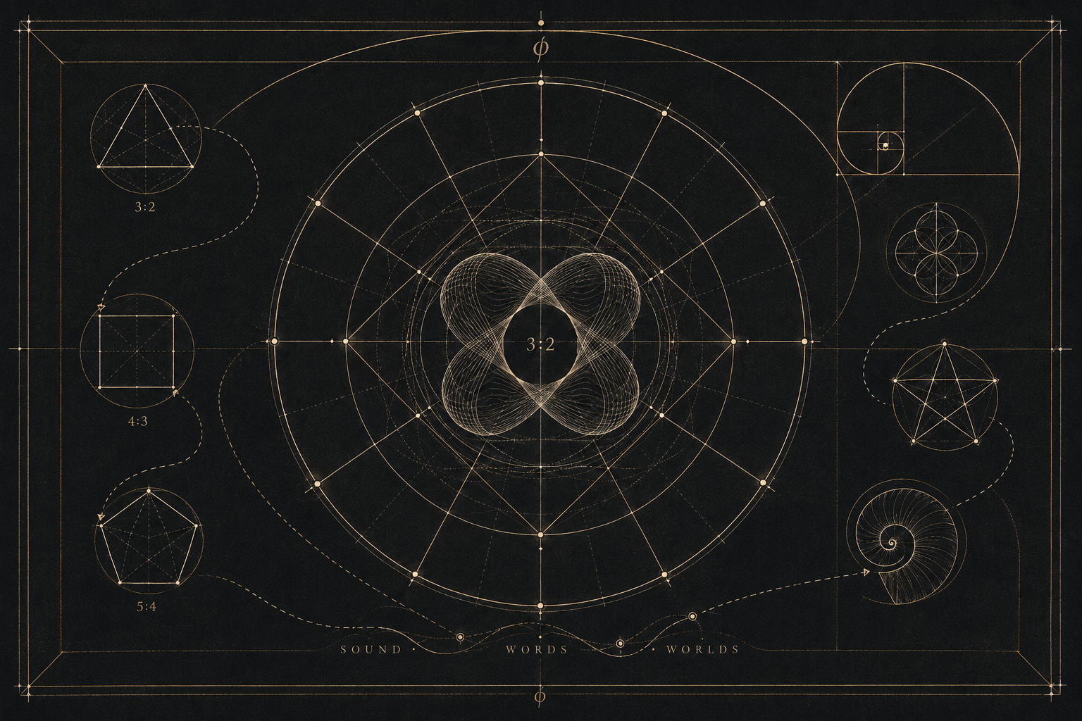 Quadrivium-inspired geometric illustration connecting sound, words, and worlds through harmony, proportion, and cyclical form.