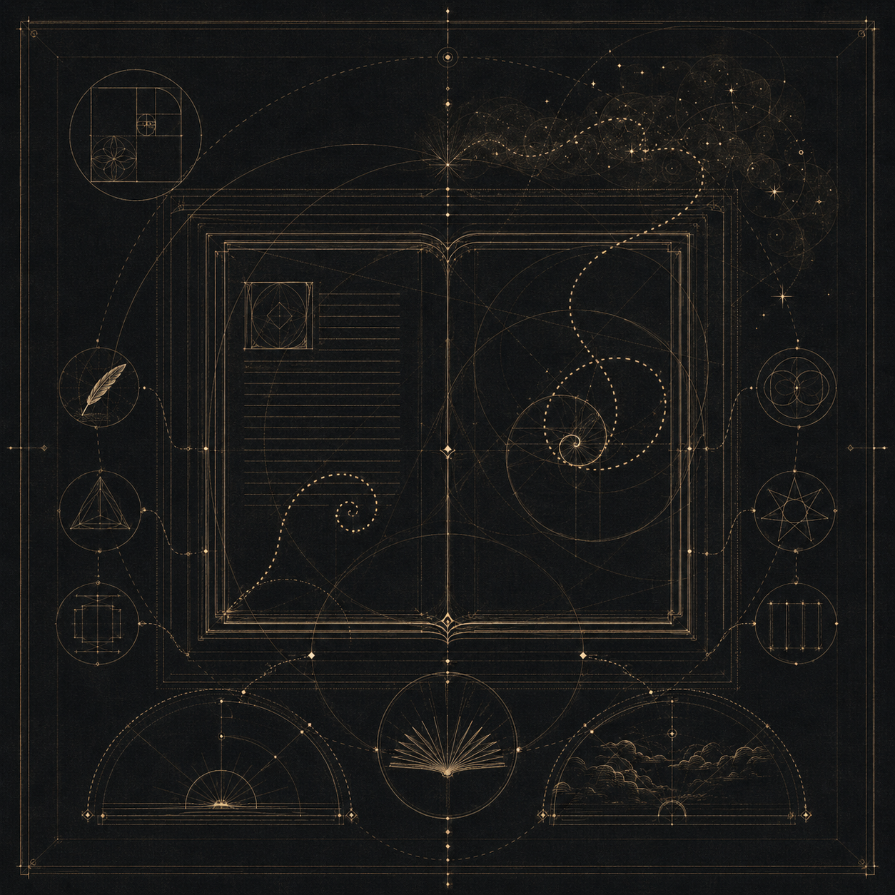 Quadrivium-inspired literary geometry illustration combining book forms, golden rectangles, and curving paths.