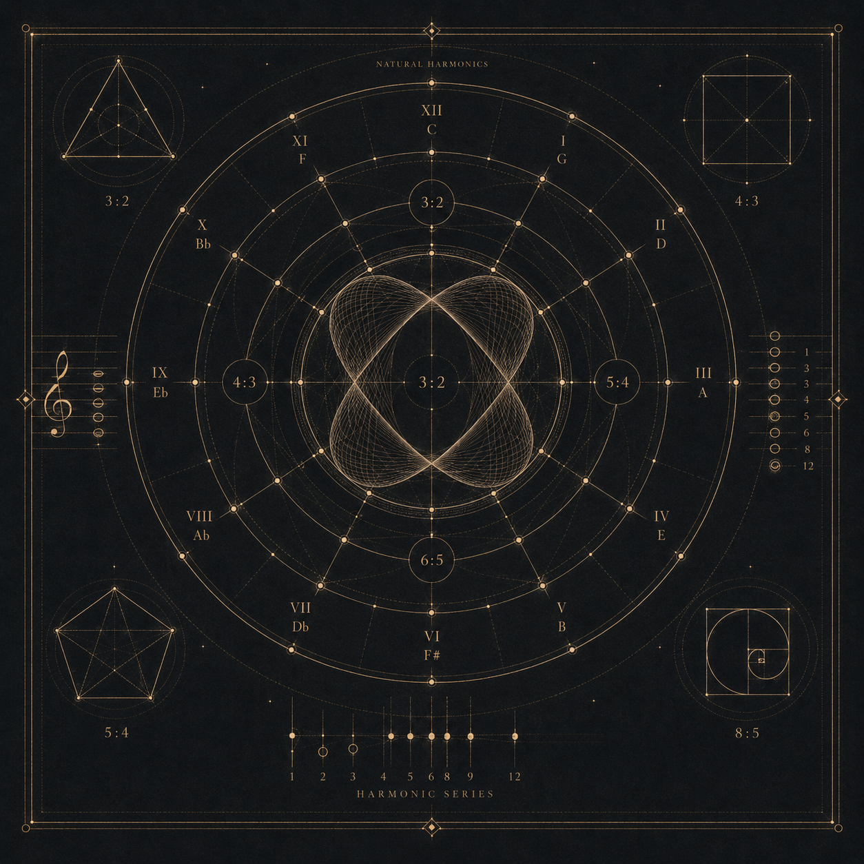 Quadrivium-inspired musical geometry illustration with harmonics, ratios, and a central 3:2 figure.