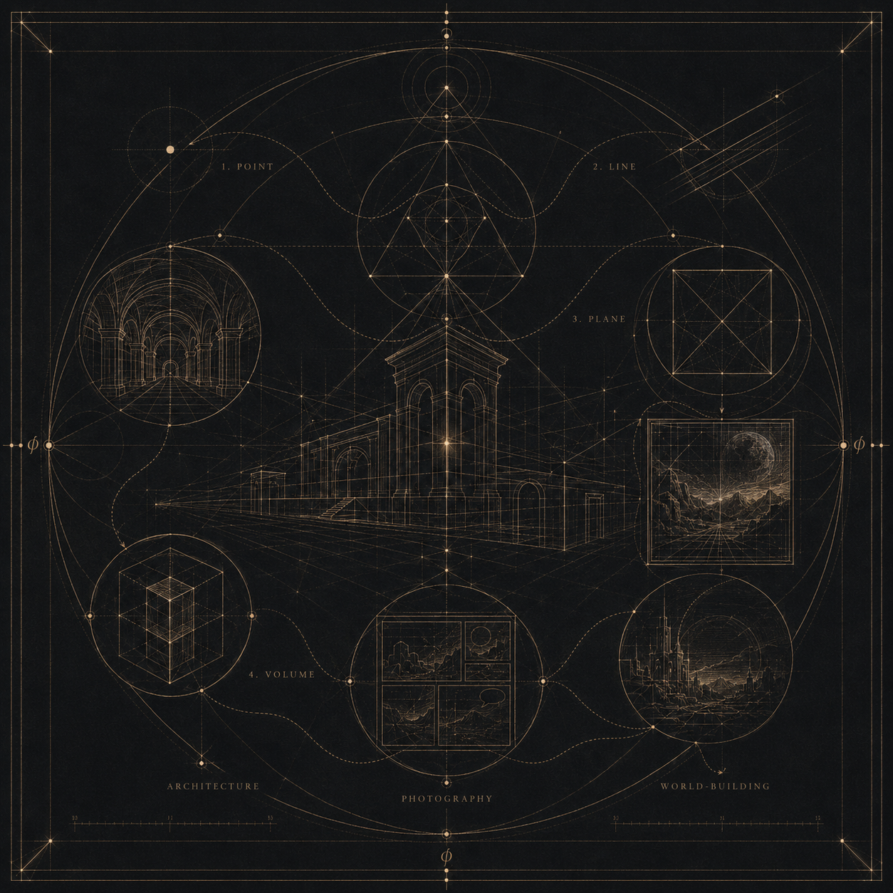Quadrivium-inspired visual world-building diagram uniting architecture, photography, comics, and geometric progression.